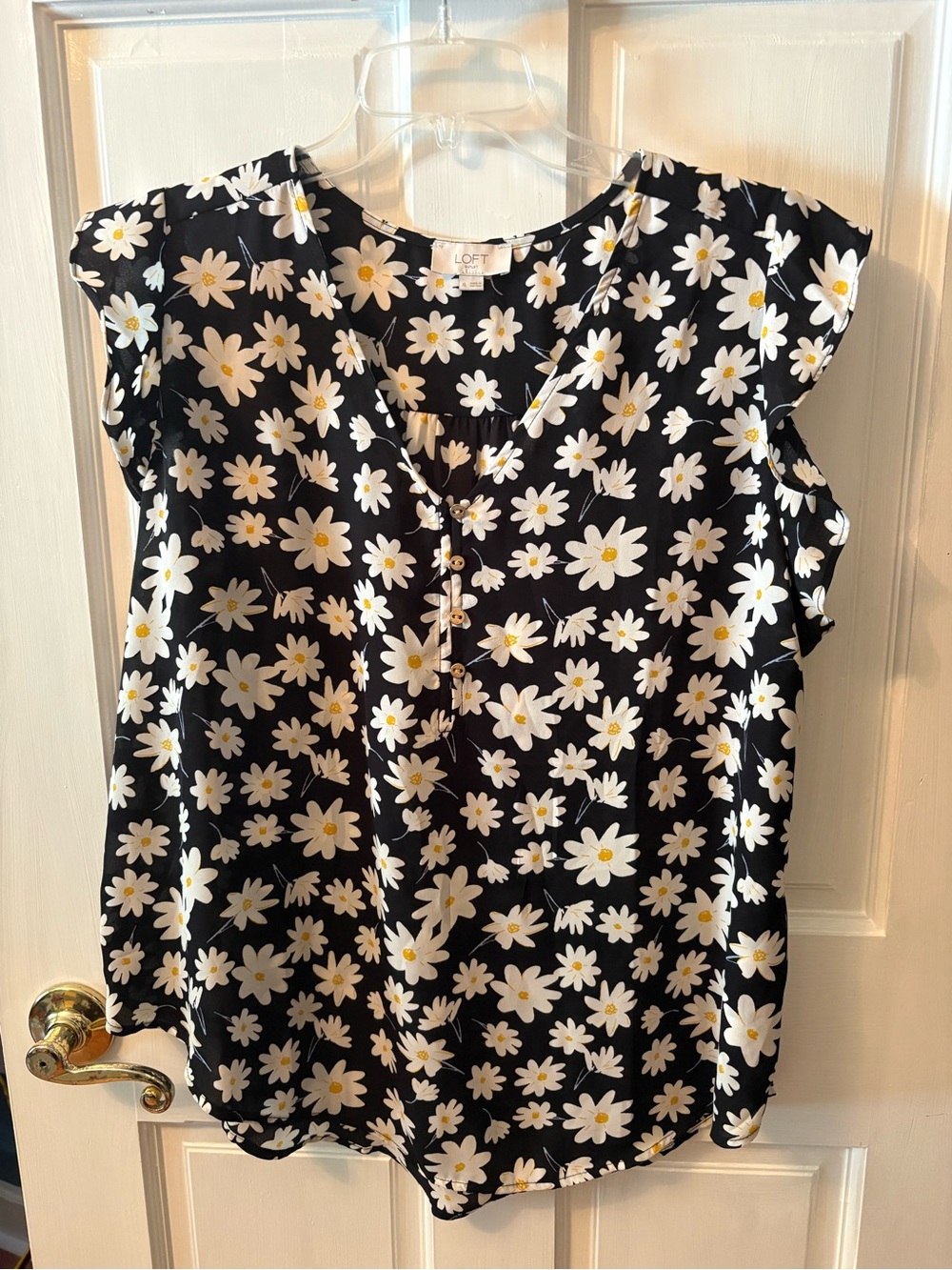 LOFT Black Daisy-Print Cap-Sleeve Blouse